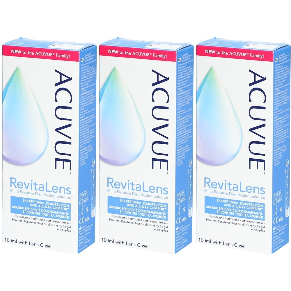 Trois boîtes de ACUVUE RevitaLens. Emballage bleu, blanc et rose. Texte: Solution de désinfection polyvalente, 100 ml avec étui.