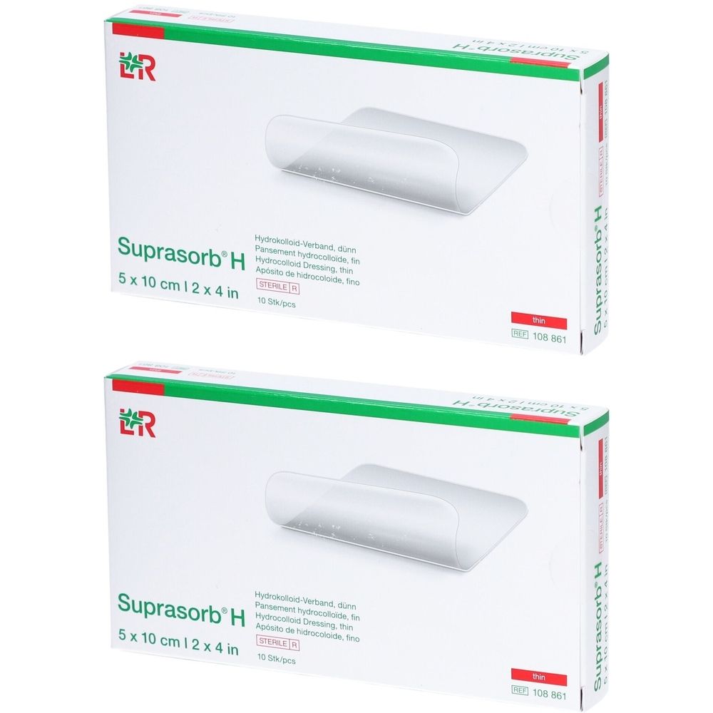Zwei Kartons mit Verband. Aufschrift: Suprasorb H, 5 x 10 cm. Sichtbar: transparente, ovale Verbände. Verpackung mit grünem Streifen.