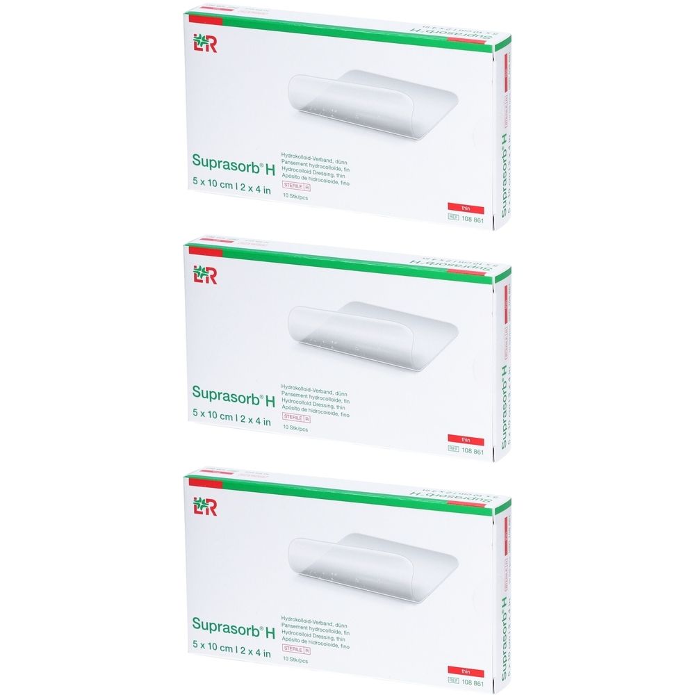 Drei Kartons Suprasorb H Hydrokolloidverband. Aufdruck: 5x10cm, steril. Logo: L&R. Grün-weiße Verpackung.