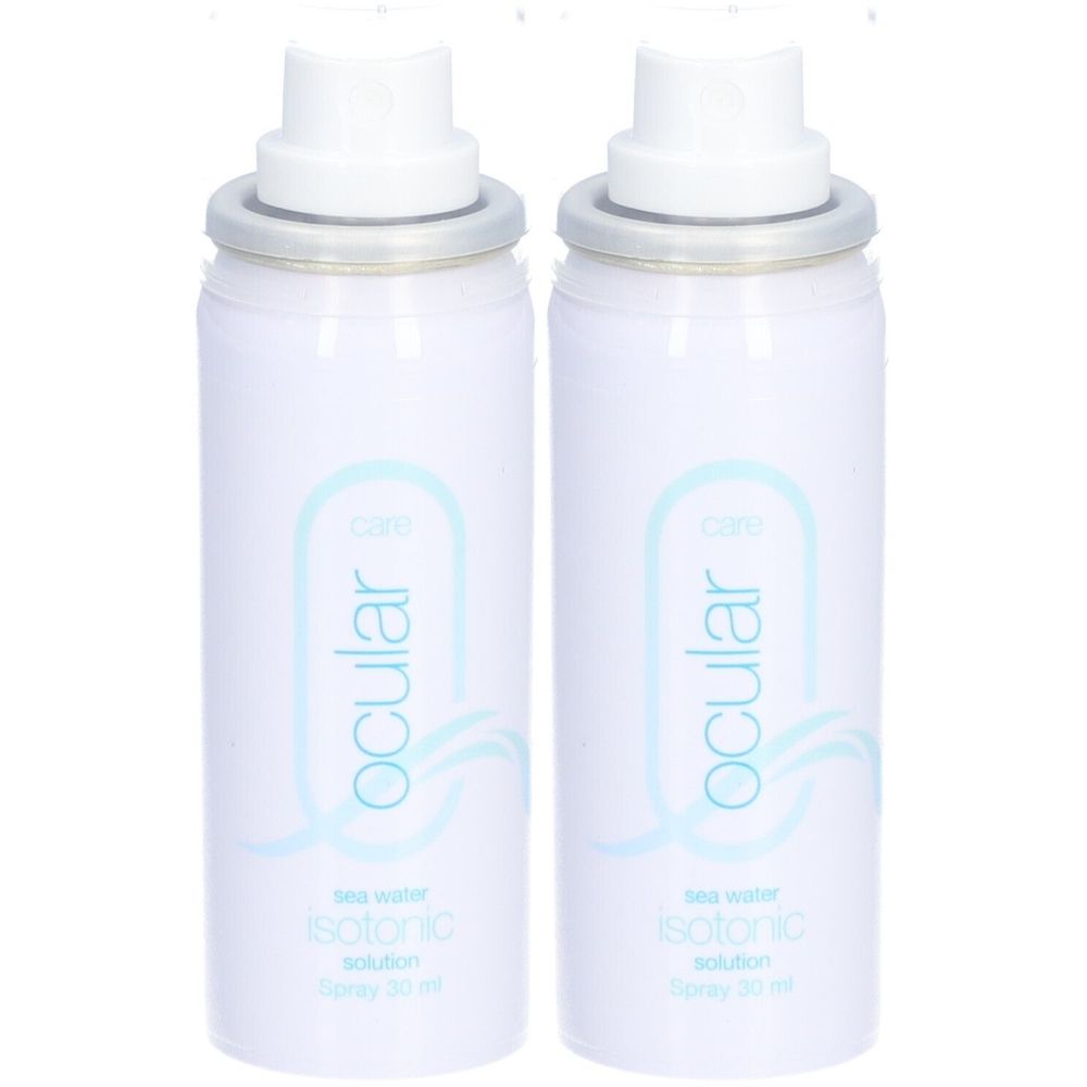 Deux flacons pulvérisateurs blancs avec impression bleue. Solution isotonique Ocular Sea Water. Têtes de pulvérisation blanches et bagues argentées.