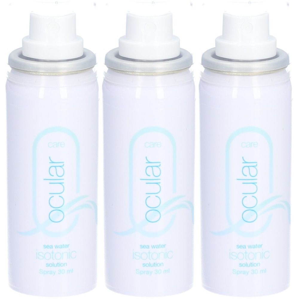 Trois flacons spray blancs avec bords argentés et têtes de pulvérisation blanches. Inscription : ocular sea water isotonic solution.