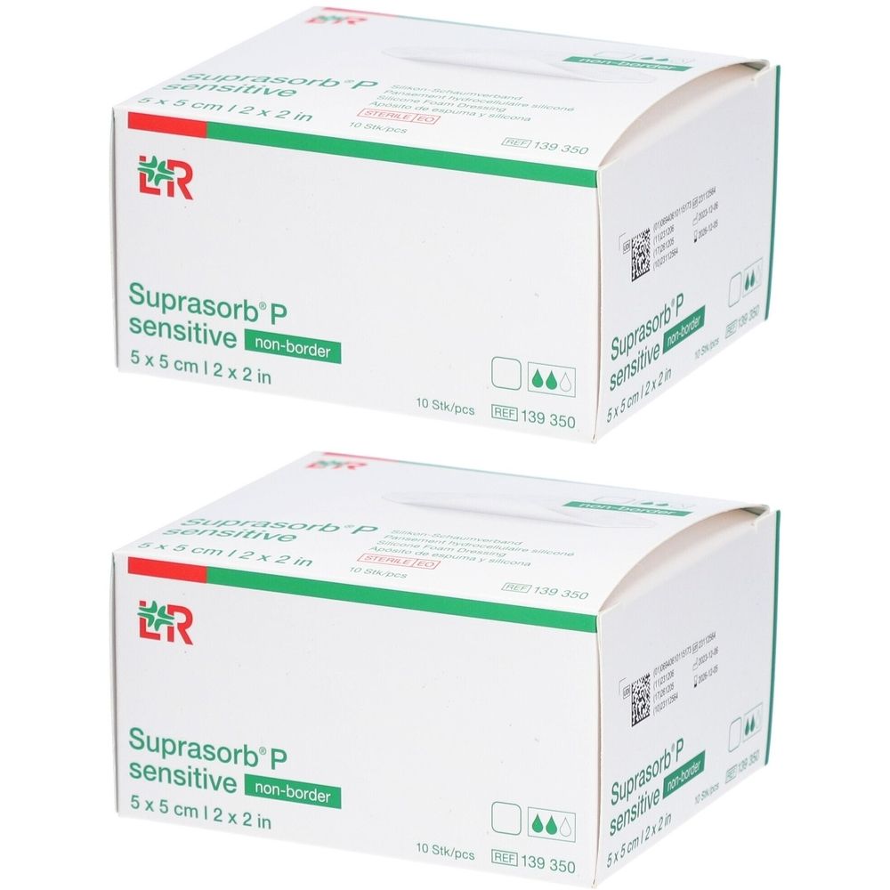 Zwei Kartons Suprasorb P sensitive, 5x5 cm. Weiße Verpackung mit roter und grüner Beschriftung. Produktname und Größe deutlich sichtbar.