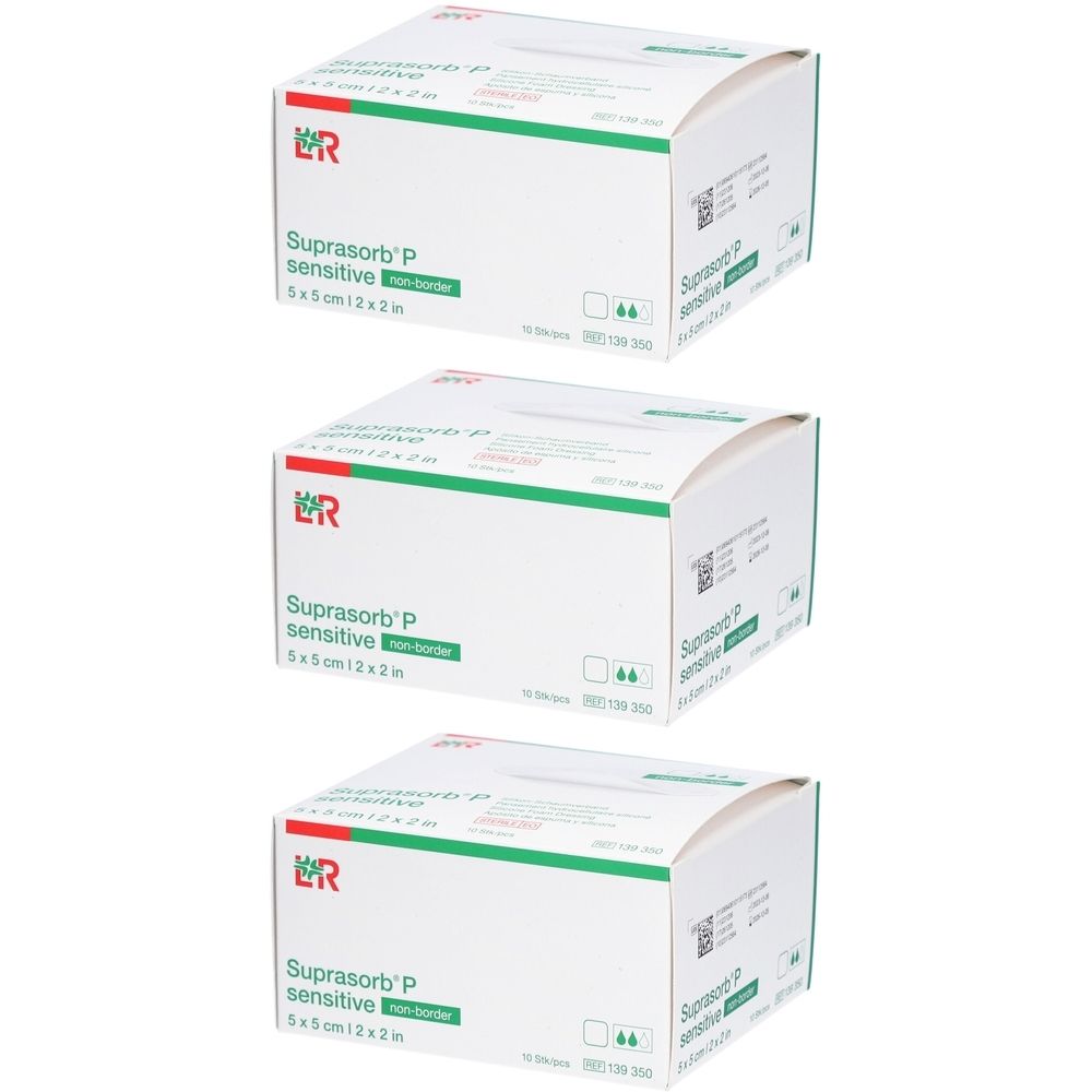 Drei weiße Kartons mit grüner Schrift. Auf jedem steht "Suprasorb P sensitive" und Maße. Logo "ER".