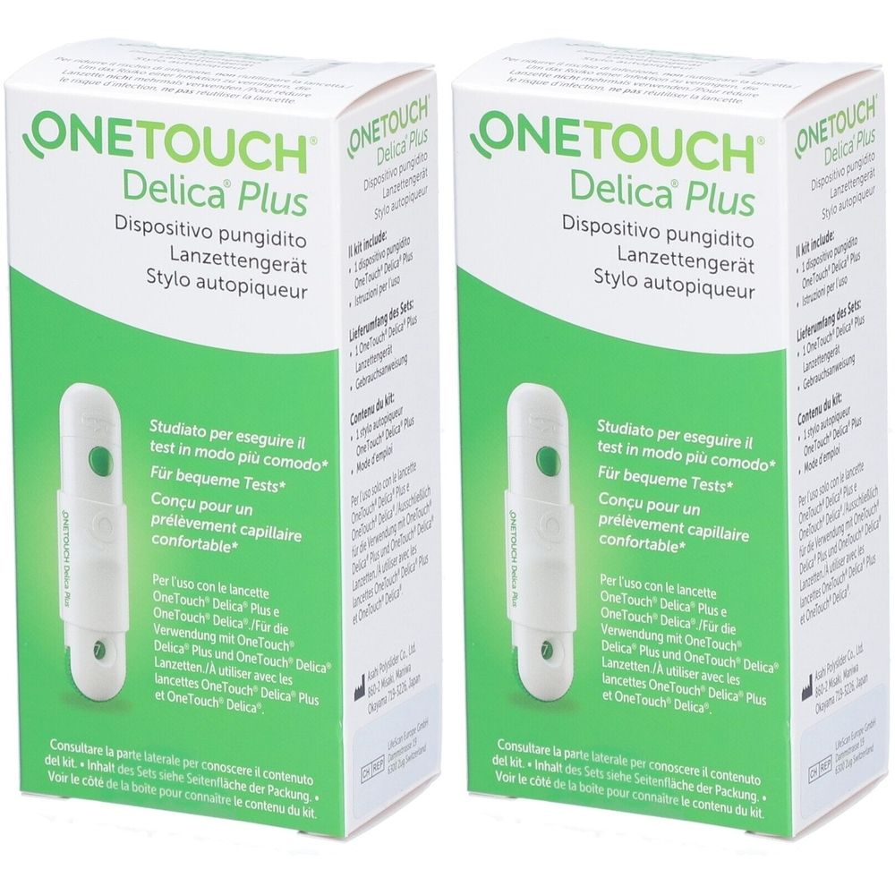 Zwei Packungen OneTouch Delica Plus Stechhilfe. Weiße Verpackung mit grünen Akzenten und Produktabbildung. Mehrsprachige Beschriftung.