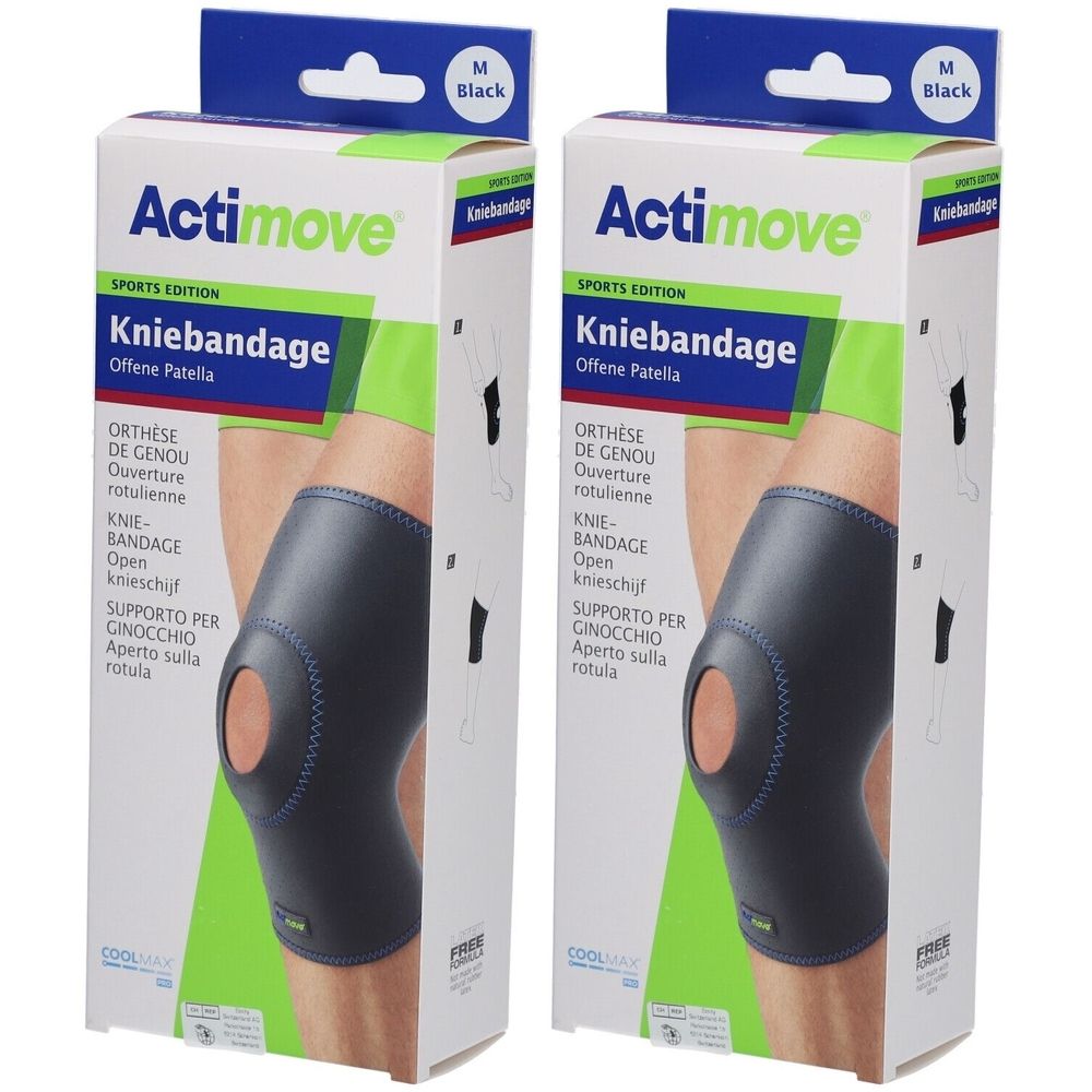 Zwei Packungen Actimove Kniebandage. Schwarze Bandage mit offener Patella. Größe M. Aufschrift: Sports Edition, Kniebandage, Offene Patella.