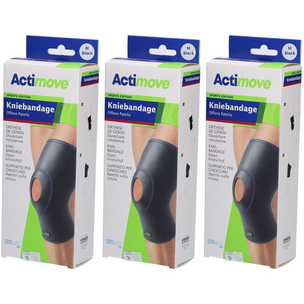 Drei Packungen Actimove SPORTS EDITION Kniebandage. Schwarze Bandage, Größe M, mit Patella-Öffnung. Verpackung mit Produktabbildung.