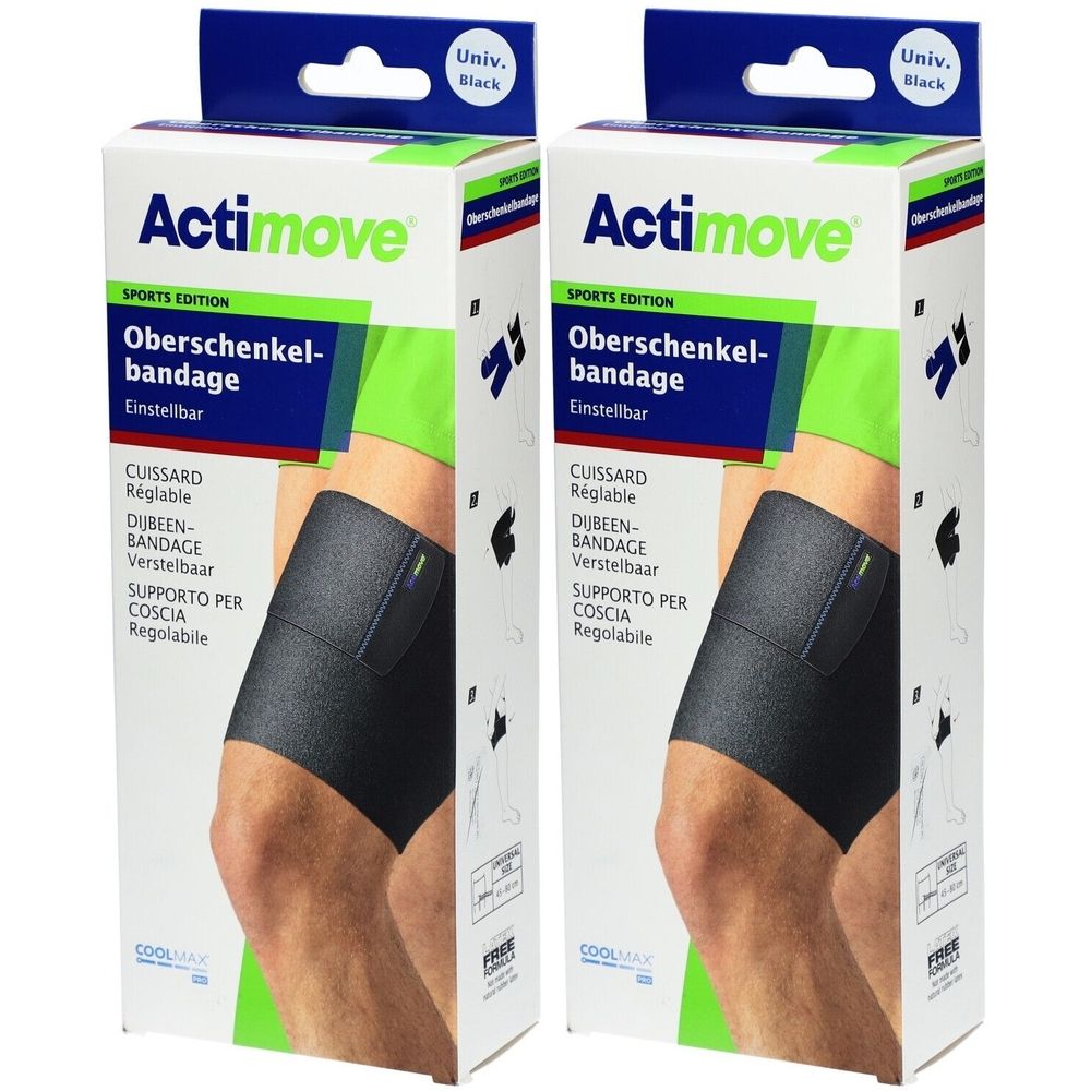 Zwei Packungen Actimove Sports Edition Oberschenkelbandagen. Schwarze Bandage, verstellbar. Verpackung mit Produktabbildung und Text.
