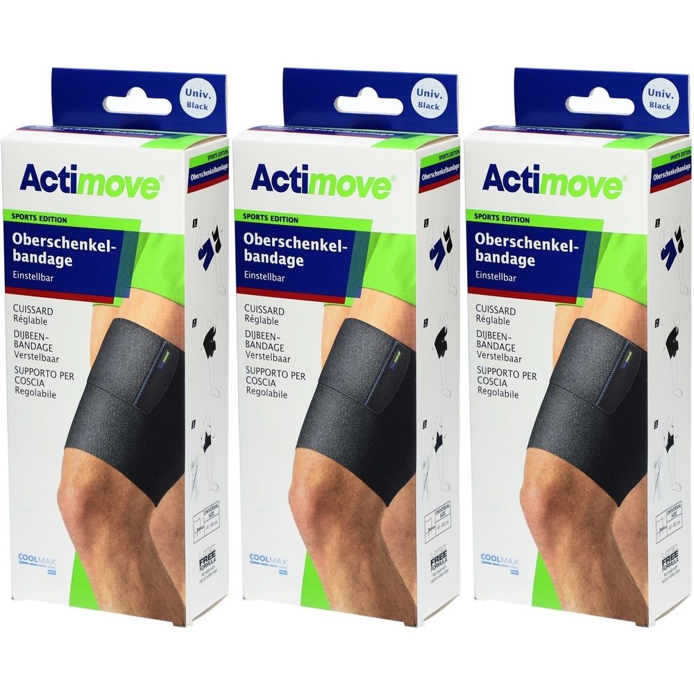 Drei Verpackungen der ACTIMOVE® Sports Edition Oberschenkelbandage. Schwarze Bandage am Bein abgebildet. Text: CUSSARD, DIMEN-BANDAGE, SUPPORTO PER COSCIA.