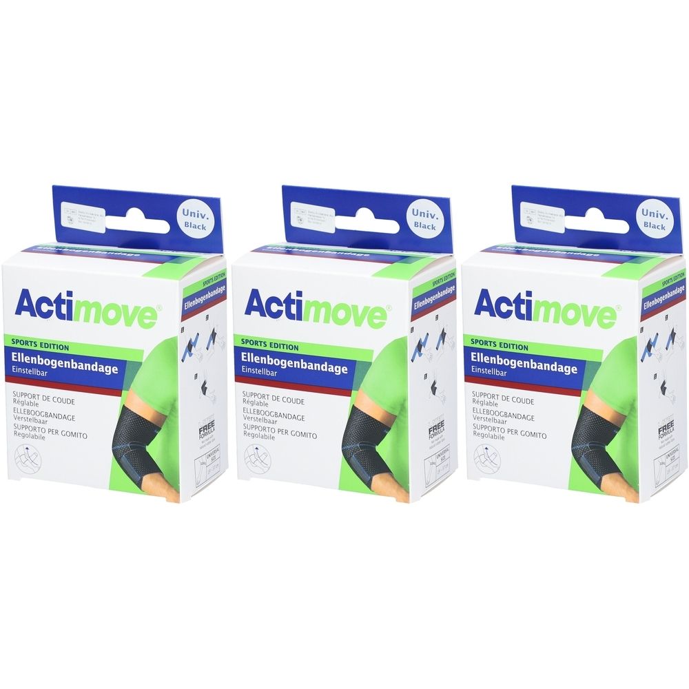 Drei Verpackungen der ACTIMOVE® Sports Edition Ellbogenbandage. Schwarze Bandage auf grünem Arm abgebildet. Text: Univ. Black.