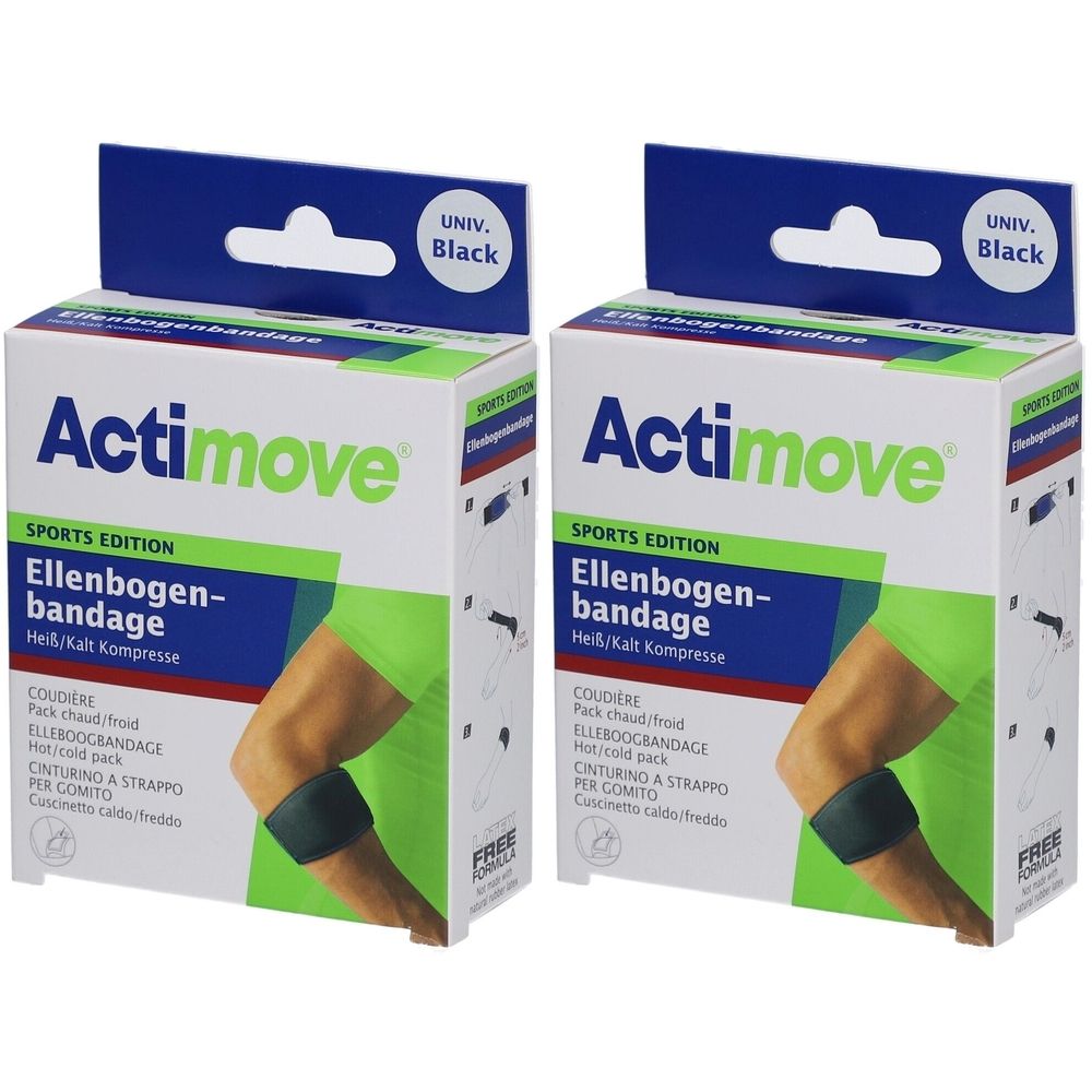 Zwei Verpackungen der Actimove Sports Edition Ellenbogenbandage. Schwarze Bandage mit Heiß-/Kalt-Kompresse. Produktname und Logo deutlich sichtbar.