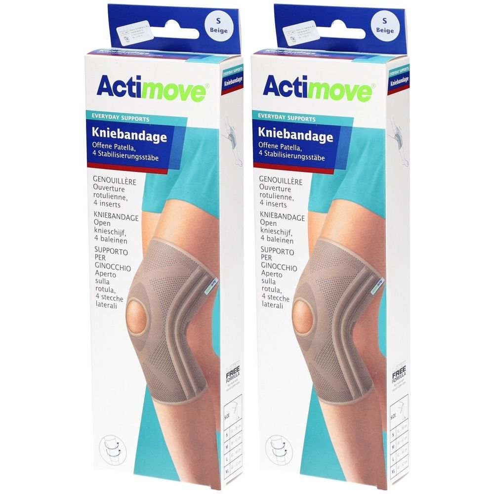 Deux boîtes de genouillères. Genouillère beige avec ouverture rotulienne et 4 inserts. Taille S. Marque Actimove.