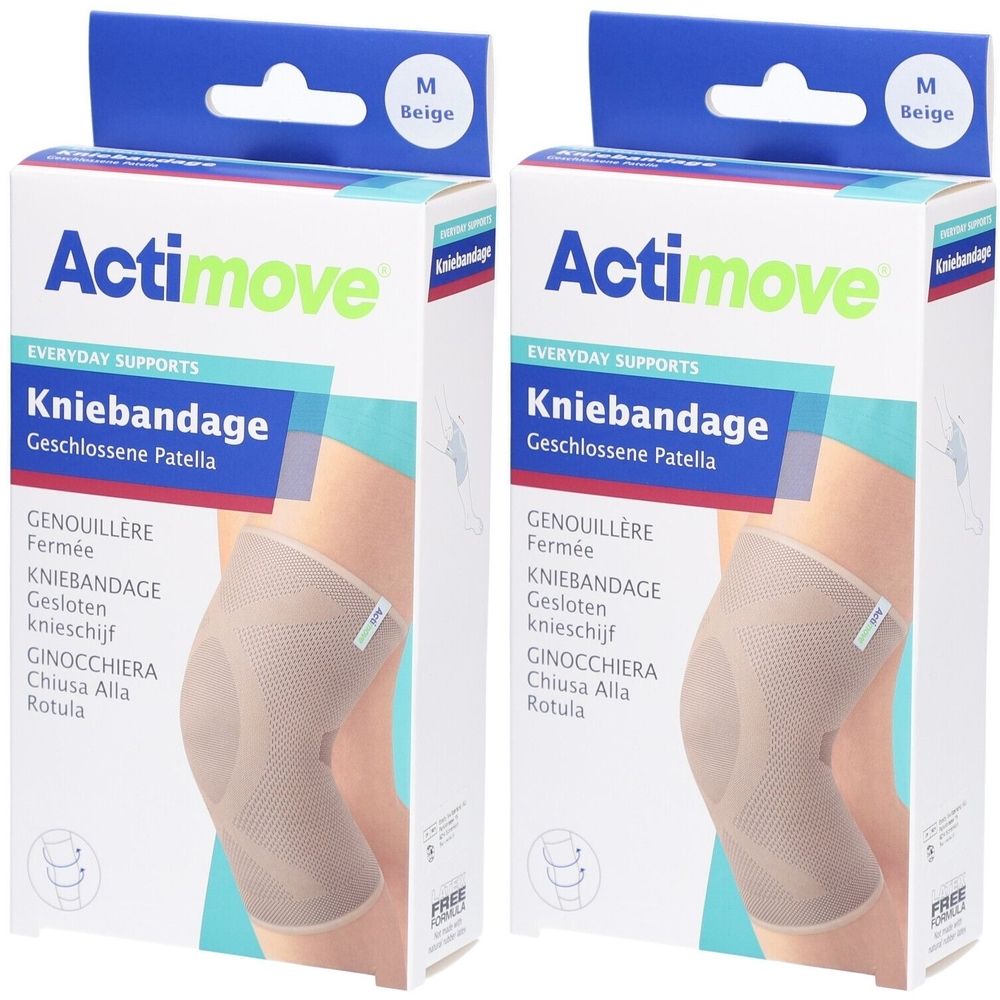Zwei Packungen Actimove Kniebandage. Aufdruck: Kniebandage, Geschlossene Patella. Größe M, Farbe Beige. Produktabbildung: Kniebandage am Bein.
