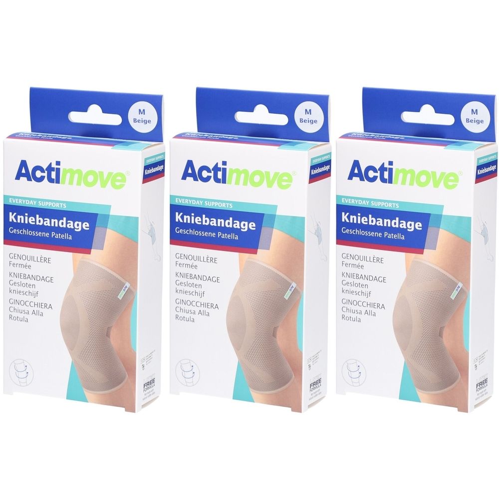 Drei Packungen Actimove Kniebandage. Jede Packung zeigt eine beige Kniebandage. Auf jeder Packung steht "Kniebandage" und "M beige".