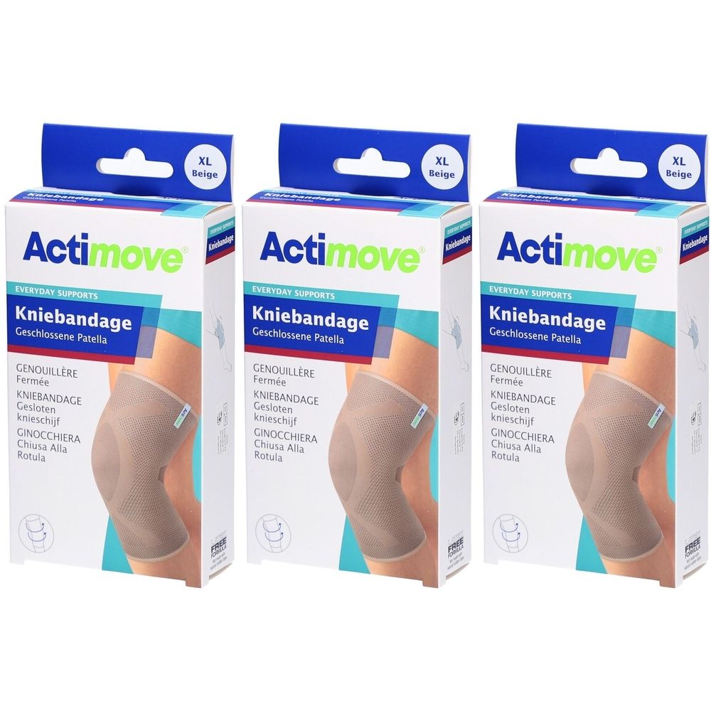 Drei Packungen Actimove Kniebandage. Beige, Größe XL. Auf jeder Packung ist ein Kniebandagen-Modell abgebildet.