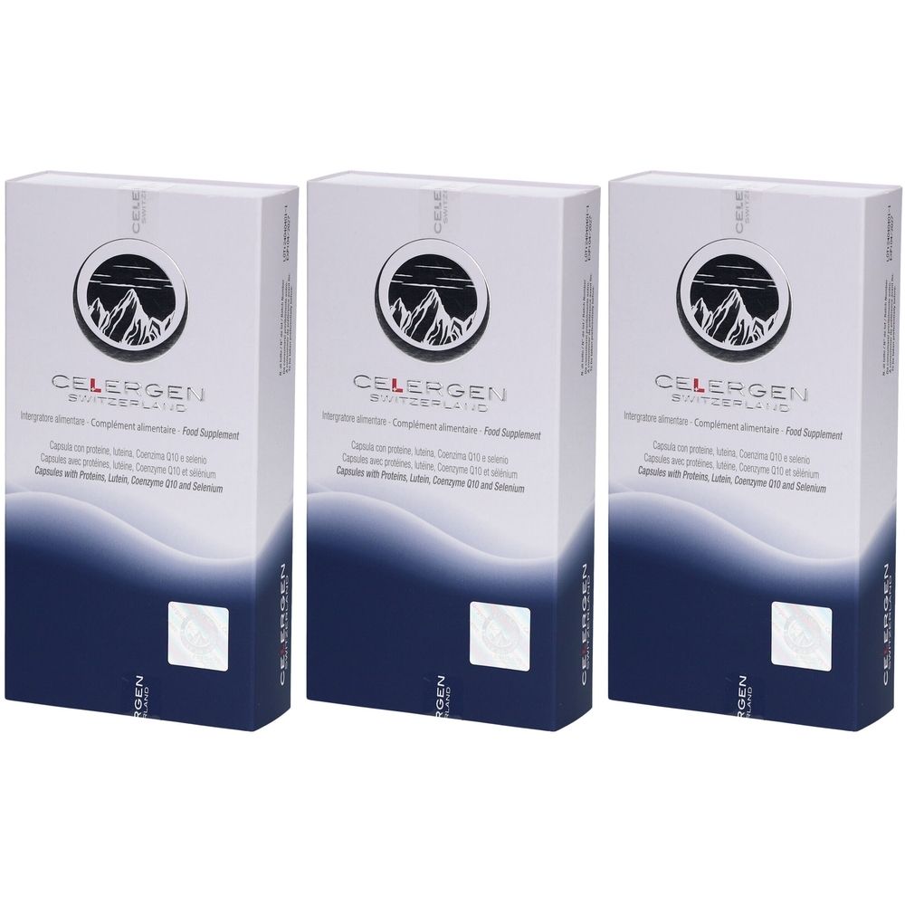 Trois boîtes blanches avec base bleue. Inscription: CELERGEN Switzerland, logo montagne, informations produit.