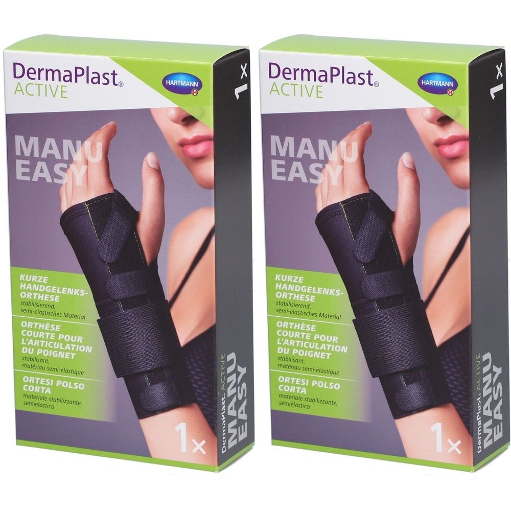 Deux boîtes de DermaPlast ACTIVE Manu Easy. Orthèse de poignet noire sur l'emballage. 1 pièce par boîte.