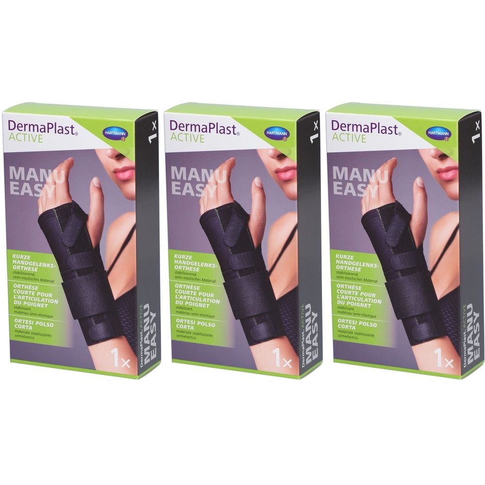 Trois boîtes de support de poignet. Chaque boîte montre une main avec une attelle noire. Le nom DermaPlast est visible.