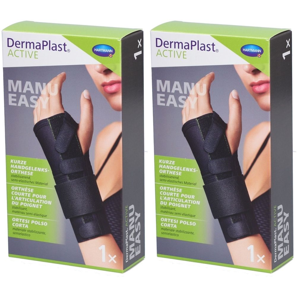 Deux boîtes de l'orthèse de poignet DermaPlast ACTIVE Manu Easy. Orthèse noire, illustrée sur un poignet. Emballage avec nom du produit et logo.