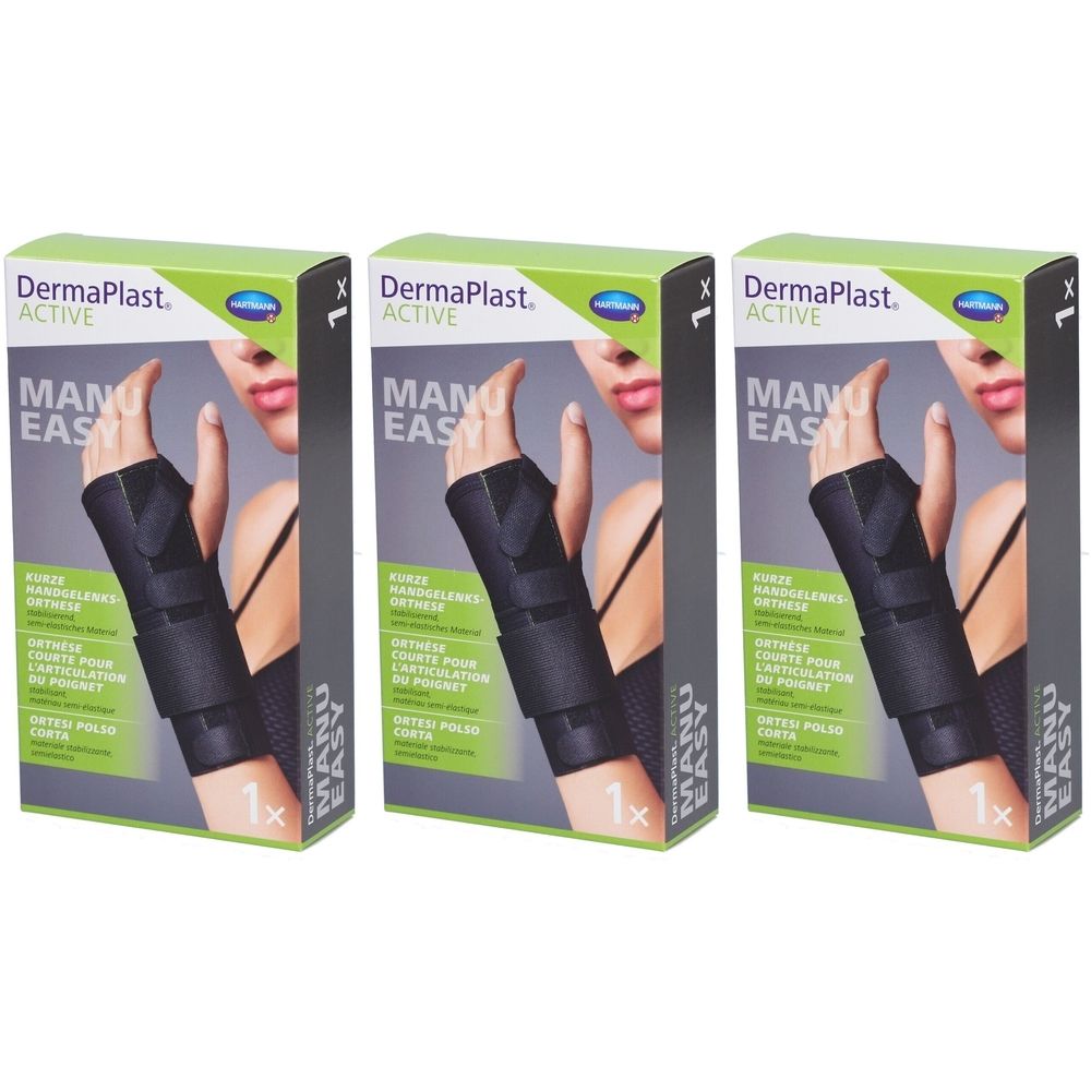 Trois boîtes de DERMAPLAST ACTIVE Manu Easy. Chaque boîte présente une orthèse de poignet noire. Impression : 1x.