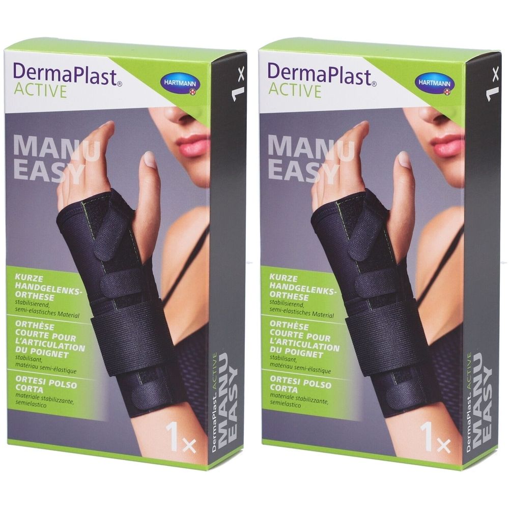 Deux boîtes de DermaPlast ACTIVE Manu Easy. Orthèse de poignet noire. 1 pièce par boîte. Texte en allemand, français et italien.