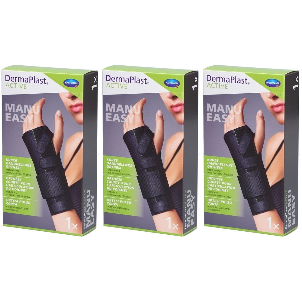 Trois boîtes de DermaPlast ACTIVE Manu Easy. Chaque boîte présente une orthèse de poignet noire et l'inscription "1x".