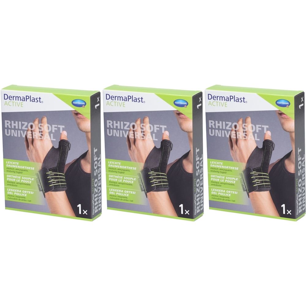 Trois boîtes de DERMAPLAST ACTIVE Rhizo Soft Universal. Chaque boîte montre une main avec une attelle pour le pouce.