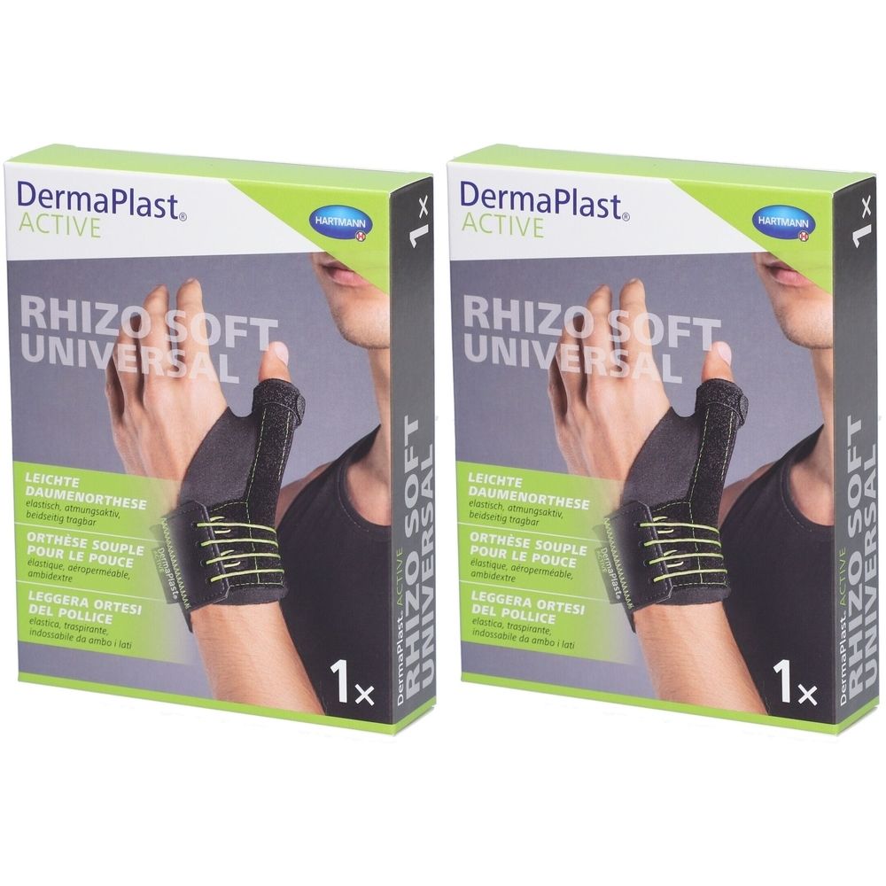 Deux boîtes de DermaPlast ACTIVE Rhizo Soft Universal. Chaque boîte montre une attelle de pouce. Inscription: Orthèse souple pour le pouce, 1x.