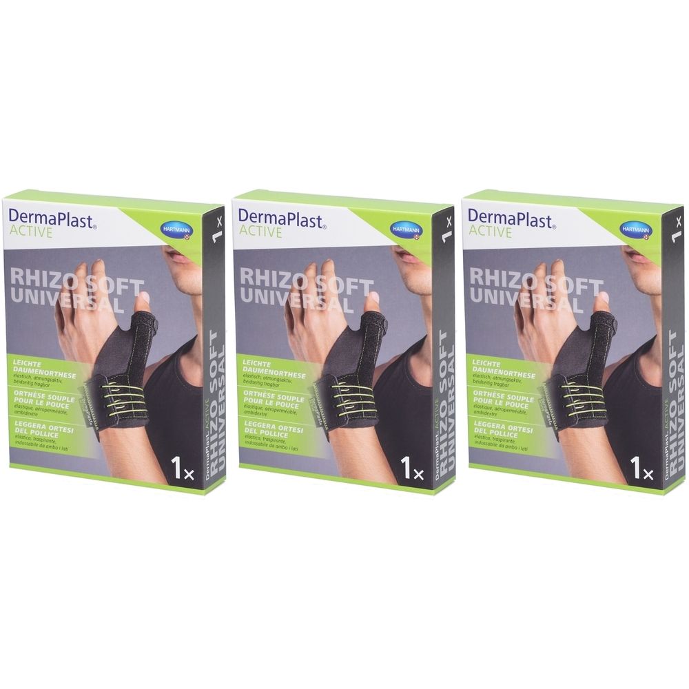 Trois boîtes de support de pouce. Chaque boîte porte la mention "DermaPlast ACTIVE RHIZO SOFT UNIVERSAL". Chaque boîte contient 1 pièce.