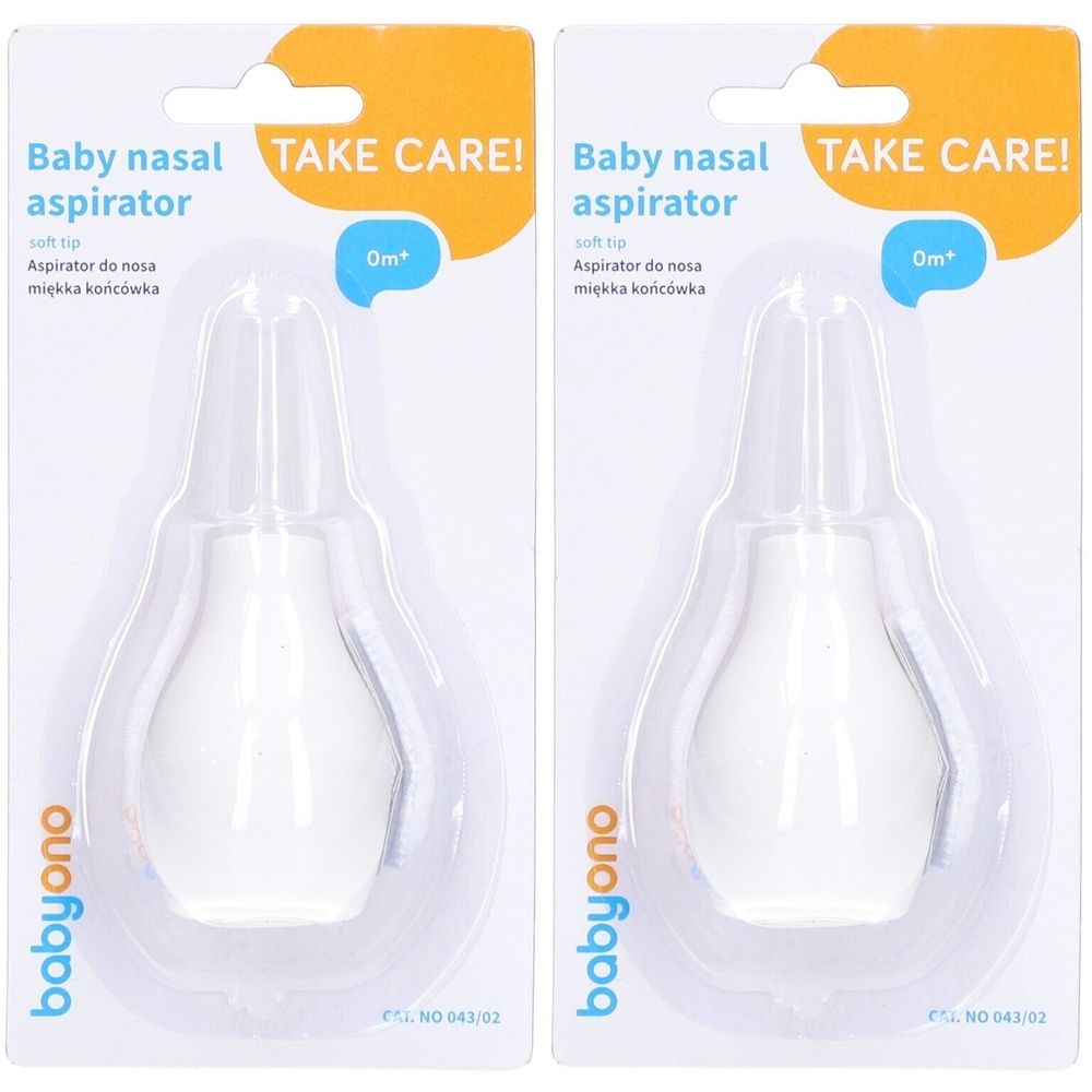 Deux aspirateurs nasaux Babyono en emballage blister. Produit blanc à embout souple. Inscription : Baby nasal aspirator, TAKE CARE!, 0m+.