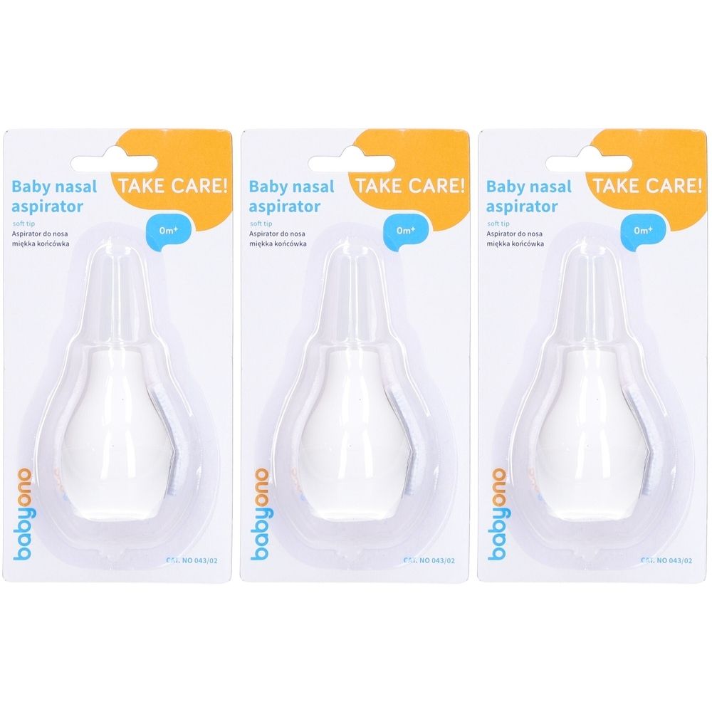 Drei Babyono Nasensauger in Einzelverpackung. Weißes Produkt mit transparenter Spitze. Aufschrift: Baby nasal aspirator.