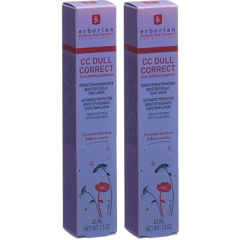 Zwei rechteckige Verpackungen von Erborian CC Dull Correct. Lila Farbton mit Produktnamen und floralen Illustrationen. 45 ml.