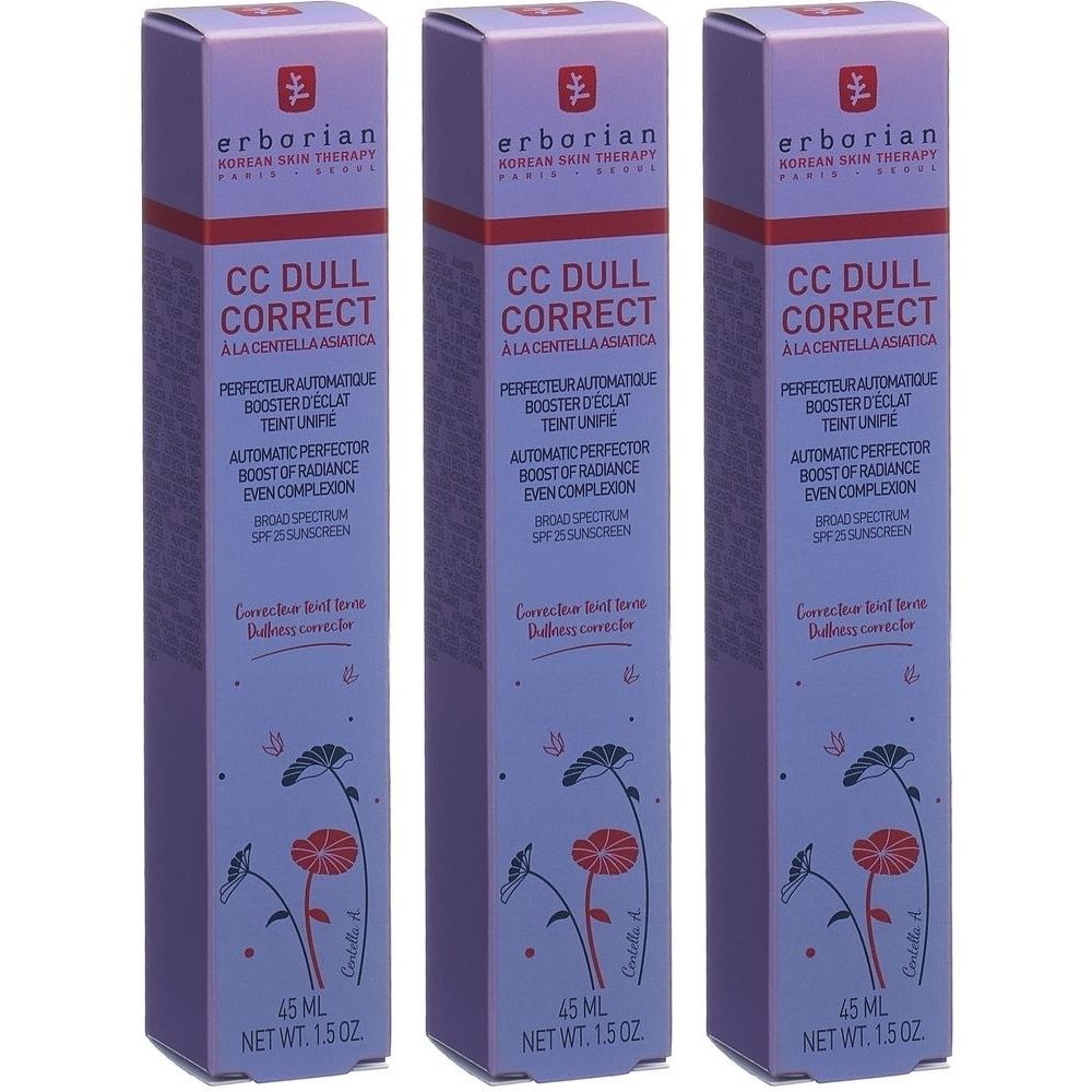 Drei längliche, lilafarbene Schachteln. Auf jeder steht "erborian" und "CC DULL CORRECT". Text in Französisch und Englisch. Unten steht "45 ml".