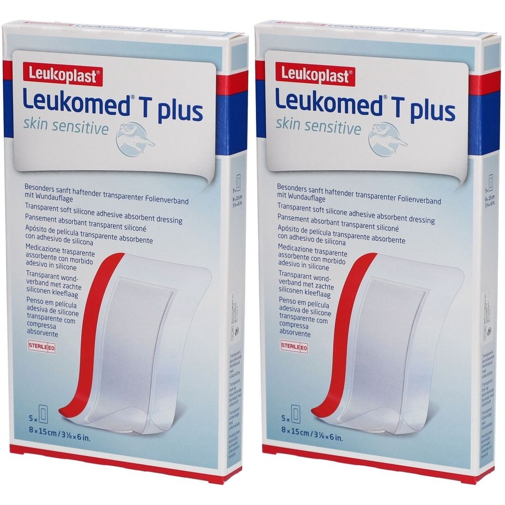 Zwei Packungen Leukoplast Leukomed T plus. Aufdruck: skin sensitive. Transparentes Folienverband. Größe: 8 x 15 cm.
