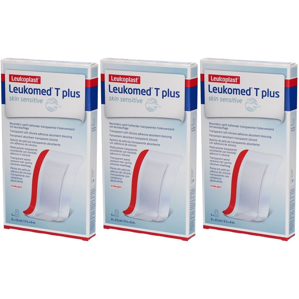 Drei Packungen Leukoplast Leukomed T plus. Aufdruck: skin sensitive. Transparentes Wundpflaster. Größe: 8 x 15 cm.