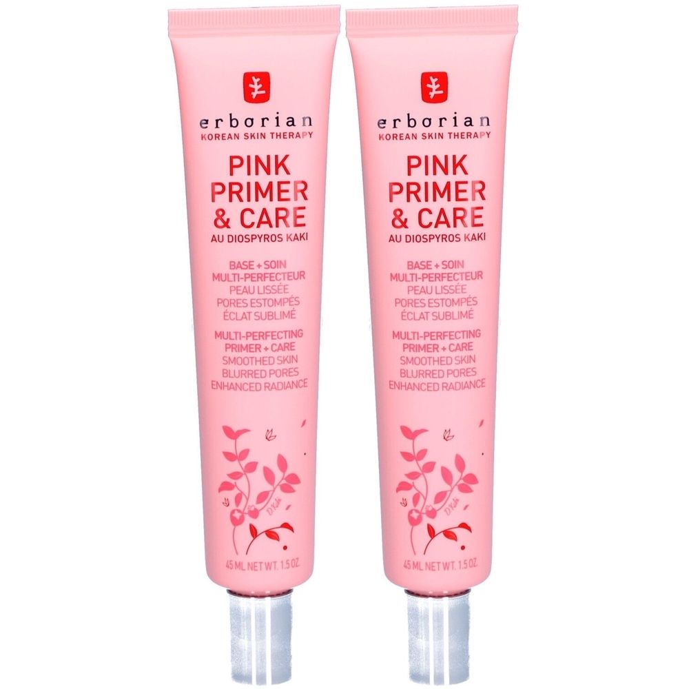 Zwei rosa Tuben mit Erborian Pink Primer & Care. Aufschrift: Multi-Perfecting Primer, glättet die Haut, verfeinert Poren.