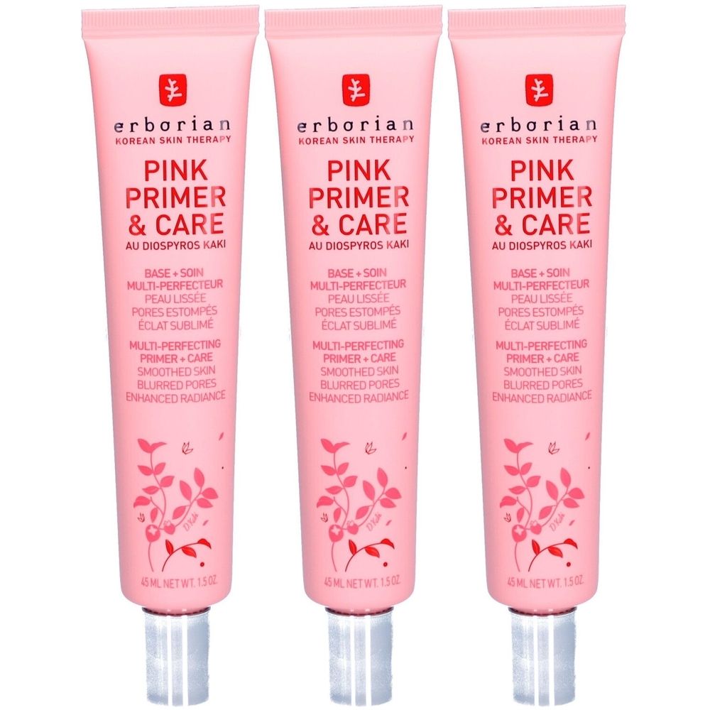 Drei rosa Tuben mit silbernen Verschlüssen. Auf jeder Tube steht "Erborian Pink Primer & Care".