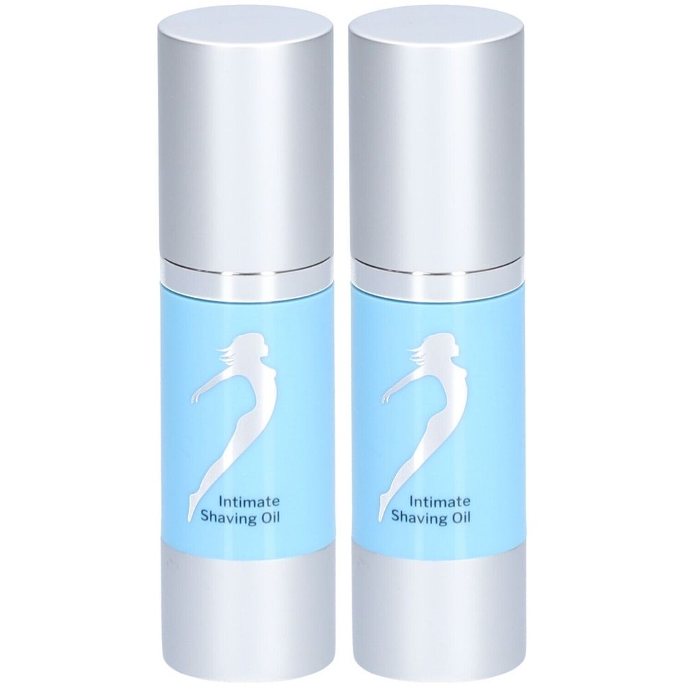 Deux flacons d'huile à raser intime avec des bouchons argentés et des étiquettes bleu clair. Une silhouette féminine blanche est représentée sur les étiquettes.