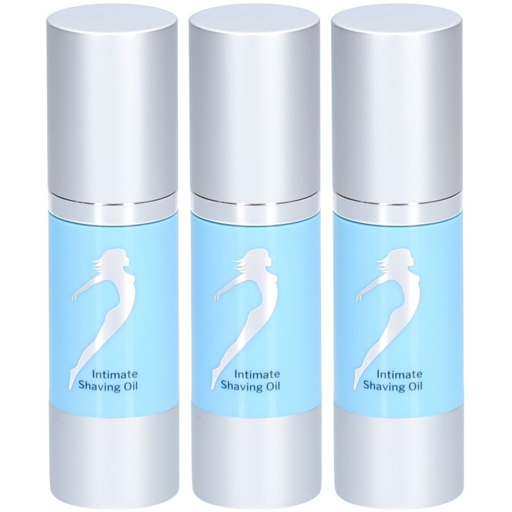 Trois flacons d'huile à raser intime avec des bouchons argentés et des étiquettes bleu clair. Une femme est représentée sur les étiquettes, avec "Intimate Shaving Oil".