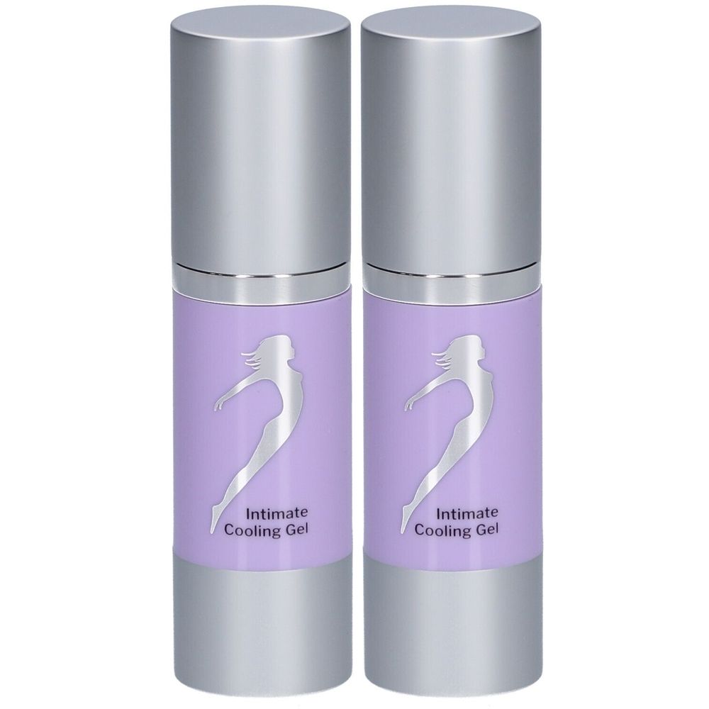 Zwei zylindrische Flaschen mit silbernen Deckeln. Auf dem lila Etikett ist eine Frauenskizze und der Schriftzug "Intimate Cooling Gel" zu sehen.