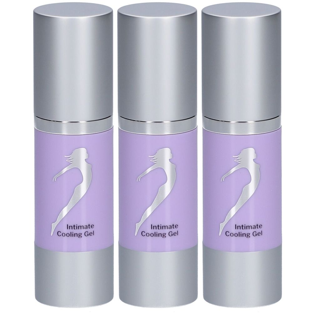 Drei zylindrische Flaschen mit silbernen Deckeln und lilafarbenen Etiketten. Auf den Etiketten ist eine Frau abgebildet, darunter steht "Intimate Cooling Gel".