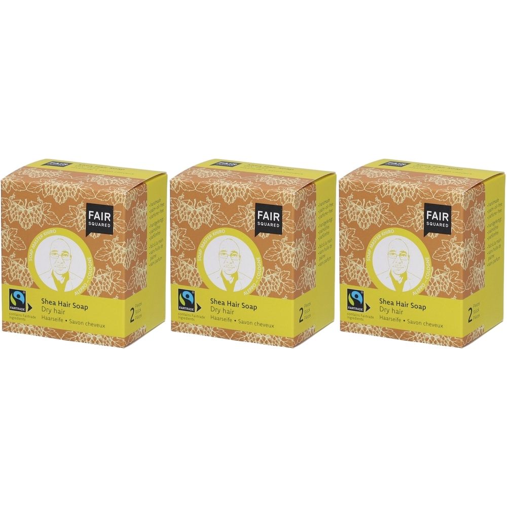Drei quadratische Kartons. Aufdruck: FAIR SQUARED, Logo, Abbildung, Schriftzug Shea Hair Soap Dry Hair, Fairtrade-Siegel, 2.