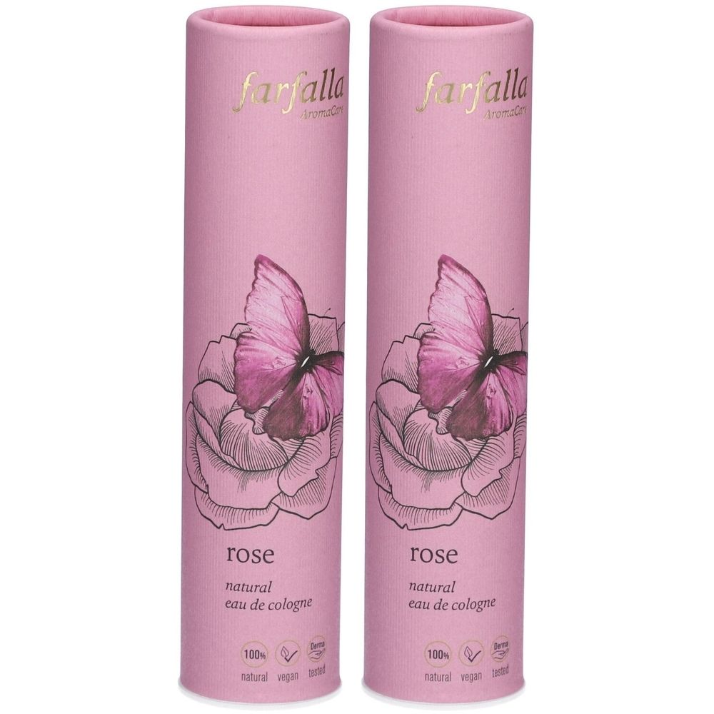 Deux emballages cylindriques roses. Impression: papillon, rose, texte 'farfalla'. Texte: 'rose natural eau de cologne'.