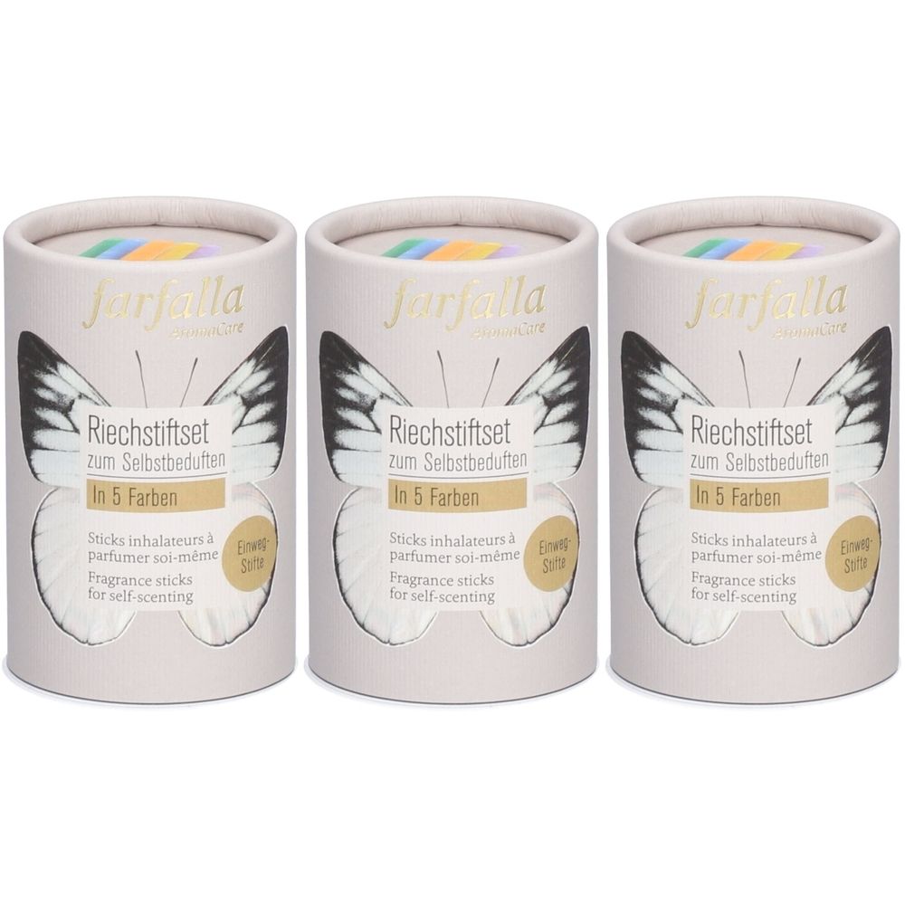 Trois contenants cylindriques. Impression: papillon, texte 'farfalla', 'Riechstiftset', 'In 5 Farben'.