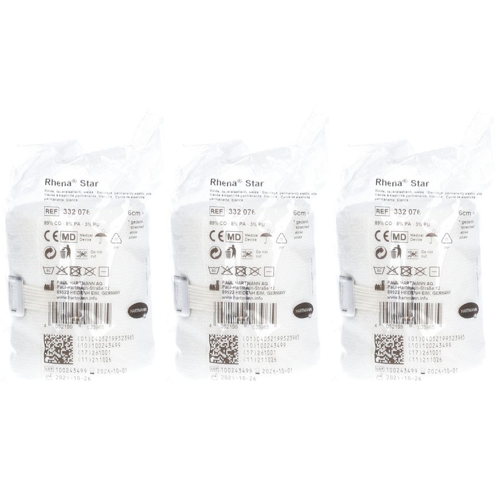 Trois emballages de bandages Rhena Star. Bandages blancs emballés dans du cellophane. Impressions avec informations produit et marquage CE.