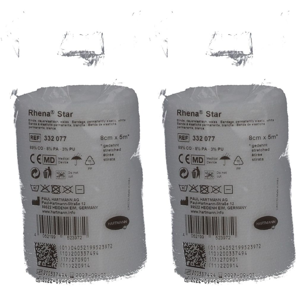 Deux rouleaux de bandage Rhena Star, 8cm x 5m. Emballage blanc avec informations produit et marquage CE. Fabricant : Paul Hartmann AG.