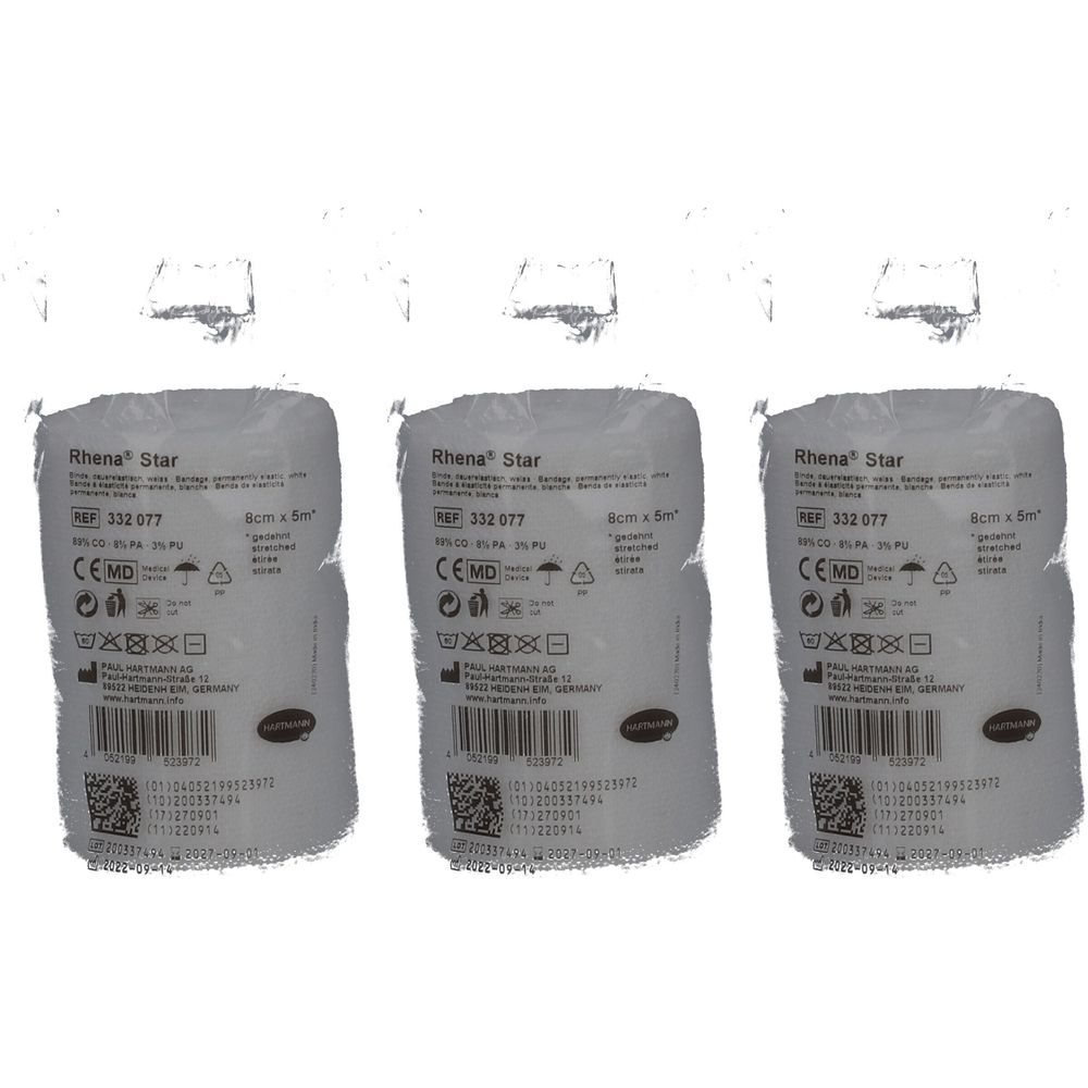Trois rouleaux de bandages Rhena Star en emballage cellophane. Informations produit et marquage CE. Dimensions : 8cm x 5m.