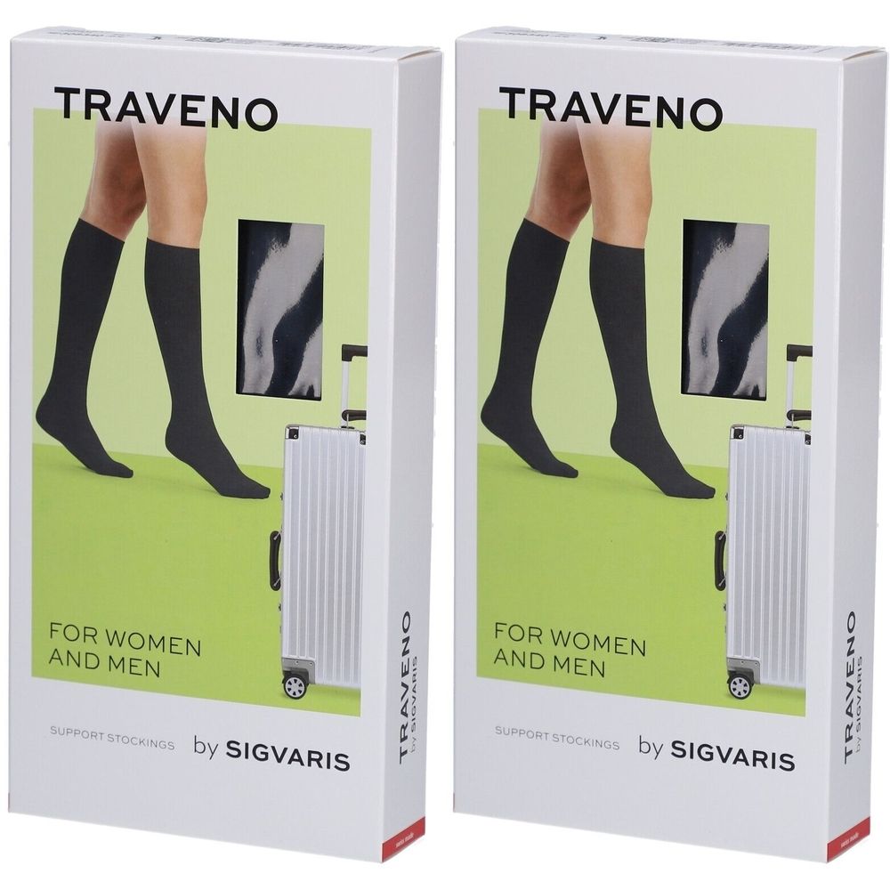 Deux boîtes de produit. Sur chaque boîte, des bas de compression sont représentés. Inscription : TRAVENO, FOR WOMEN AND MEN, SUPPORT STOCKINGS by SIGVARIS.