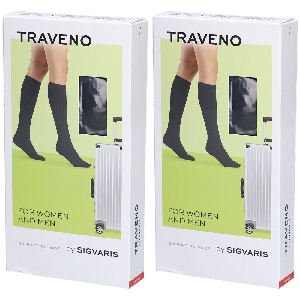 Zwei Produktverpackungen mit Kniestrümpfen. Aufdruck: TRAVENO, FOR WOMEN AND MEN, by SIGVARIS. Sichtfenster mit Strumpf-Ansicht.