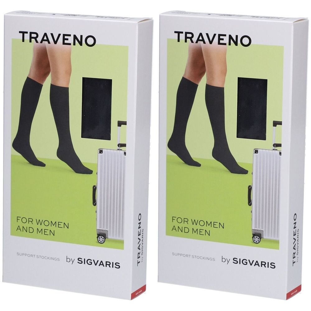 Zwei Produktverpackungen. Aufdruck: TRAVENO, Abbildung von Beinen mit Strümpfen, FOR WOMEN AND MEN, by SIGVARIS.