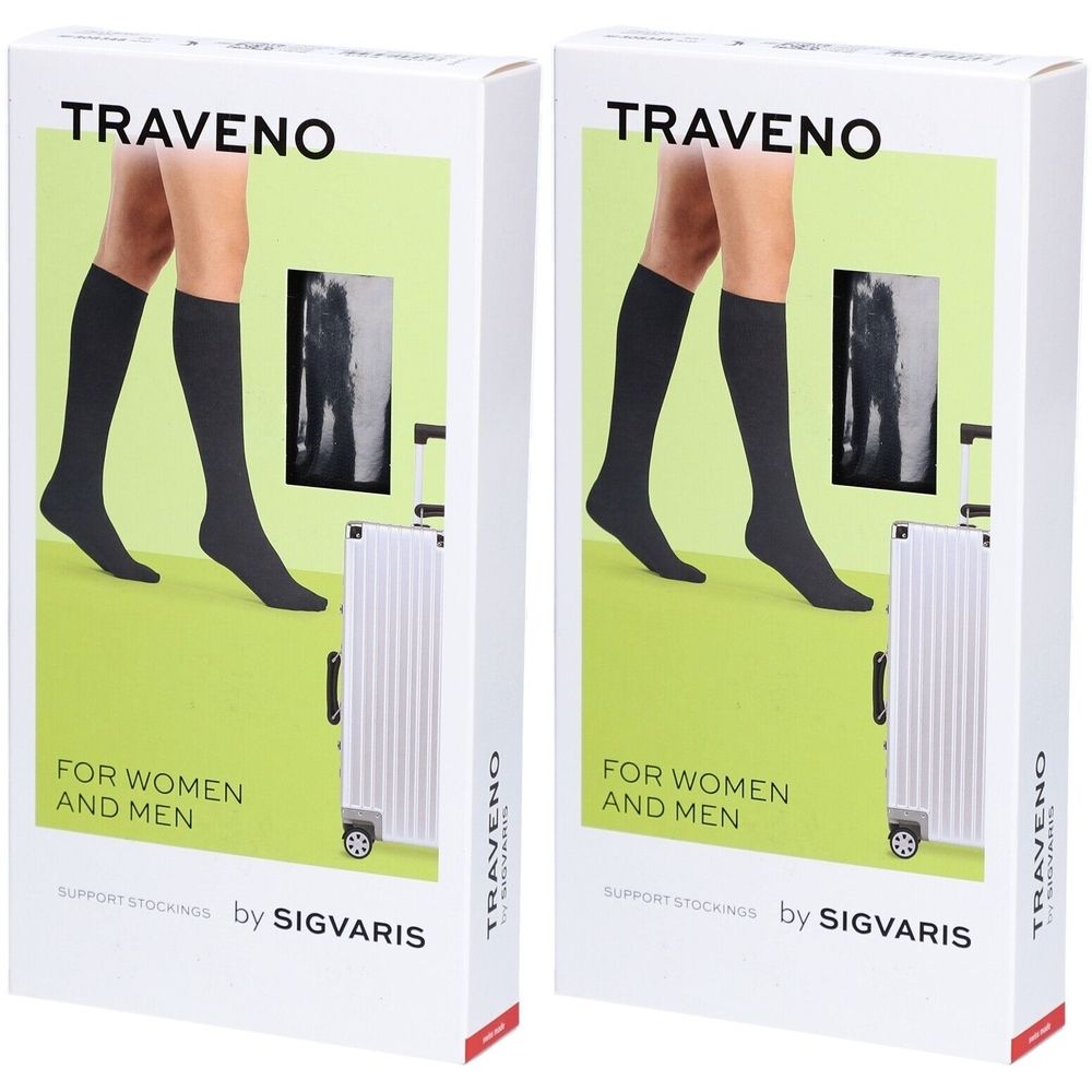 Zwei Produktverpackungen. Aufdruck: TRAVENO, Strümpfe, Abbildung von Beinen mit Strümpfen, Schriftzug: FOR WOMEN AND MEN, by SIGVARIS.